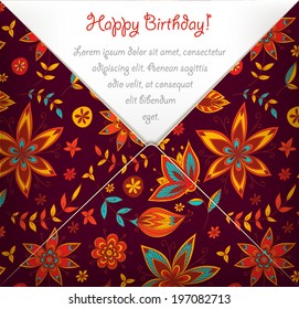 Happy Birthday card with colorful floral pattern. Vector illustration
