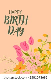 Happy birthday card with colorful floral arrangement on peach background.