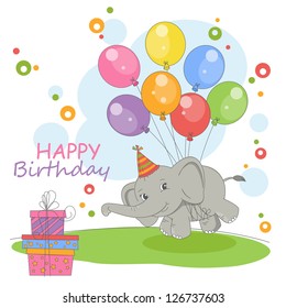 Happy Birthday card. Colorful illustration with cute flying elephant on a balloons and gift. Vector