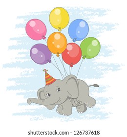 Happy Birthday card .  Colorful illustration with cute flying elephant on a balloons . Vector