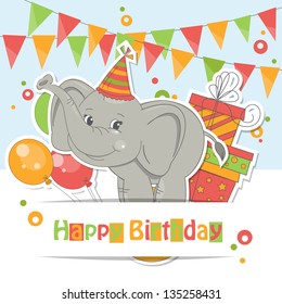 Happy Birthday card . Colorful illustration of cute little elephant , air balloons, gift and garland of flags.