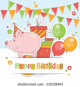 Happy Birthday card . Colorful illustration of funny little pig, air balloons, gift and garland of flags.