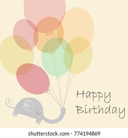 Happy Birthday card. Colorful illustration with cute flying elephant on a balloons.