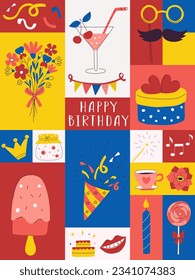 Happy Birthday card. Colorful poster with bright decorative elements. Poppers, flowers, cocktail, sweets. Flat cartoon vector illustration on color background.