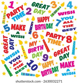 Happy birthday card with colorful text, Birthday number and candle design	

