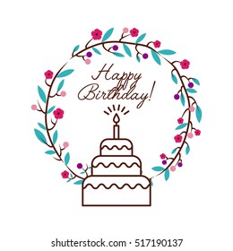 happy birthday card with colorful wreath flowers and cake icon over white background. vector illustration