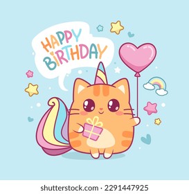 Happy Birthday Card concept with cute cat or  caticorn baby in kawaii style. Baby kitten Unicorn says  Happy Birthday on greeting card design. Vector templae svg