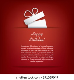 Happy Birthday Card Concept With White Present On Red Background And Space For Text.