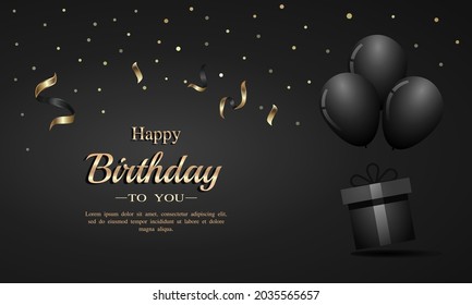 Happy birthday card with confetti balloons and gift box.