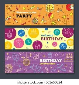 Happy Birthday Card. Confetti, cute fonts, masks. Kids birthday party banner. Poster to birthday celebration. Party celebration banner Banner or Template design for Musical Party celebration.