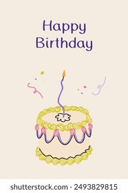 Happy birthday card with coquette cake and curved candle. Elegant and trendy vector illustration templates in simple retro style