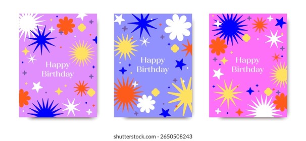 Happy birthday card. Cover design. Template for banner, sales and promotion. Abstract modern colorful shapes, background design for notebooks, covers, brochures.