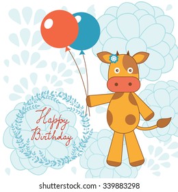 Happy birthday card with happy cow holding balloons Vector illustration