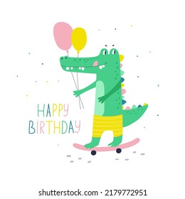 
Happy birthday card with crocodile. Vector illustrations