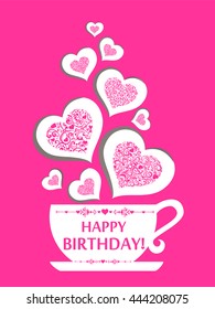 Happy birthday card. Cup with floral design elements. Vector Illustration