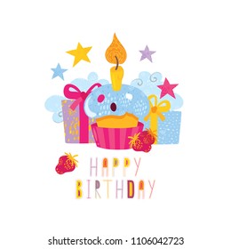 Happy birthday card with cupcake, candle, stars and present boxes