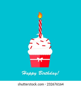 Happy Birthday card with cupcake and candle  in flat design style, vector illustration 