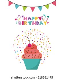 happy birthday card with cupcake and decorative pennats over white background. vector illustration