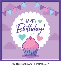 happy birthday card with cupcake and label with pennants between clouds vector illustration