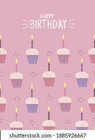 Happy birthday card with cupcake pattern with candles on pink background