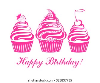Happy birthday card. Birthday cupcake. Vector Illustration 