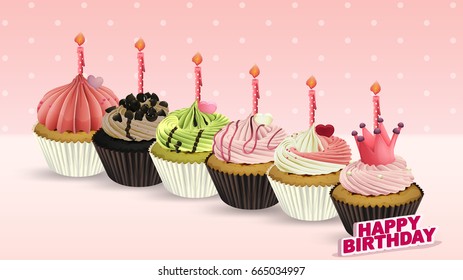 Happy birthday card with cupcakes and candles illustration