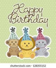happy birthday card with cute animals . vector illustration