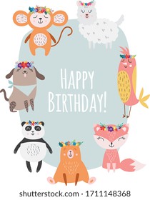 Happy birthday card with cute animals wearing flower crowns - cartoon pets and exotic creatures smiling with floral wreath decorations. Flat vector illustration for children.