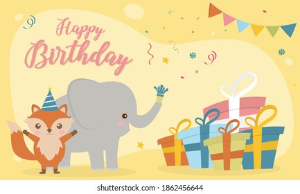 Happy birthday card with cute animals soft color, Collection of cute animal in holiday. Elephant, Fox. Template for gretting card and post. Decorate with balloon and giftbox. Vector illustration.