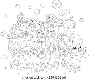 Happy birthday card with a cute baby train carrying funny toys, holiday gifts and sweets for little kids, black and white outline vector cartoon illustration for a coloring book