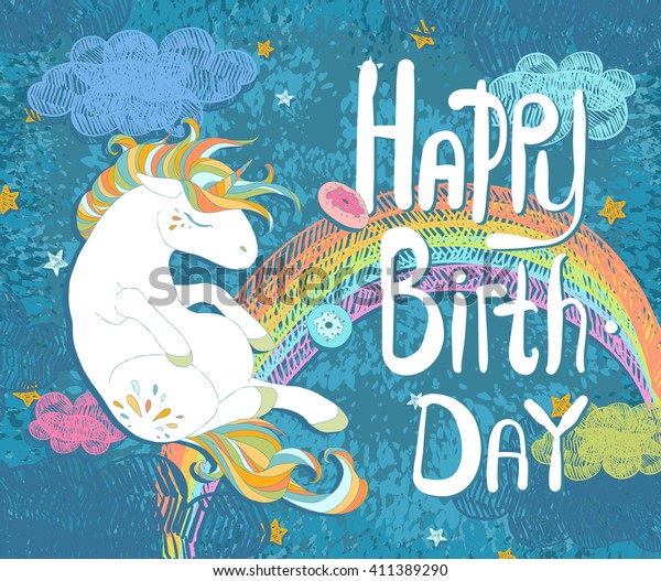 Happy Birthday Card Cute Baby Unicorn Stock Vector (Royalty Free) 411389290