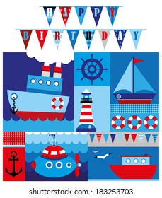 Happy birthday card with cute baby's sea transport 