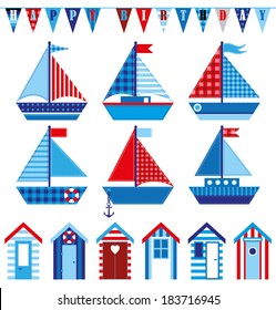 Happy birthday card with cute baby's boats and beach huts