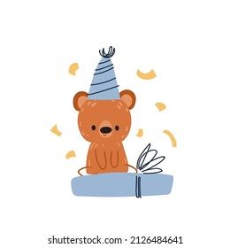 Happy birthday card. Cute bear in a party cap with gift. Vector print for children room, fabric, paper, greeting card, postcard, card, t shirt, poster, textile. Vector illustration