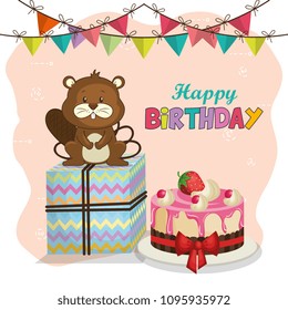 happy birthday card with cute beaver