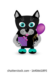 Happy birthday card with cute black cat carrying a present and balloon. Flat cartoon vector illustration isolated on white background. Funny cat icon for nursery design, print, post card, invitation.