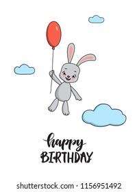 Happy birthday card with cute bunny and red balloon.