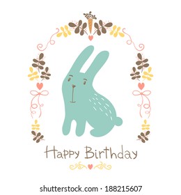 Happy birthday card with cute bunny, carrot and floral decor. Vector illustration.