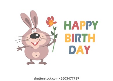 Happy Birthday Card. Cute Bunny with Flower. Greeting Card, Illustration