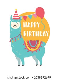 Happy birthday card with cute cartoon llama design