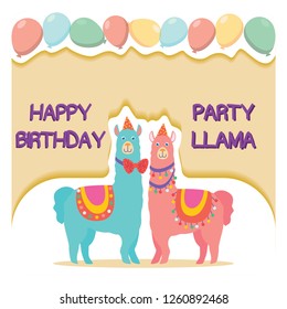 Happy birthday card with cute cartoon llama. Vector illustration for poster, card, textile or invitation. - Vector