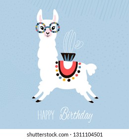 Happy birthday card with cute cartoon llama design