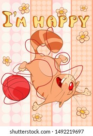 Happy Birthday Card Cute Cartoon Character Cat . Vector Greeting Card. Happy Moment. Congratulation. 