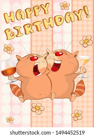 Happy Birthday Card Cute Cartoon Character Cat . Vector Greeting Card. Happy Moment. Congratulation. 