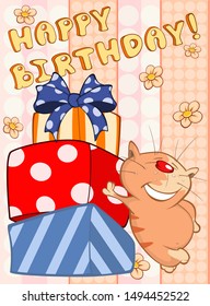 Happy Birthday Card Cute Cartoon Character Cat . Vector Greeting Card. Happy Moment. Congratulation. 