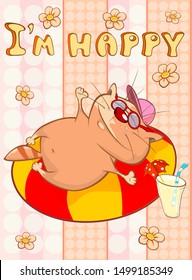 Happy Birthday Card Cute Cartoon Character Cat . Vector Greeting Card. Happy Moment. Congratulation. 