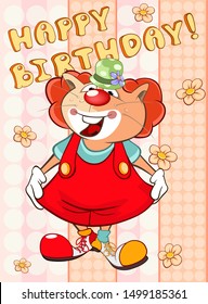 Happy Birthday Card Cute Cartoon Character Cat . Vector Greeting Card. Happy Moment. Congratulation. 