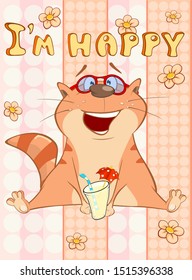 Happy Birthday Card Cute Cartoon Character Cat . Vector Greeting Card. Happy Moment. Congratulation. 