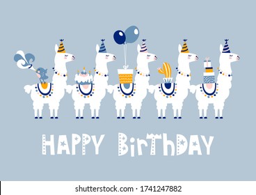 Happy Birthday Card With Cute Cartoon Llama Design. 