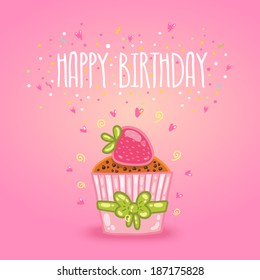 Happy Birthday card. cute cartoon cupcake